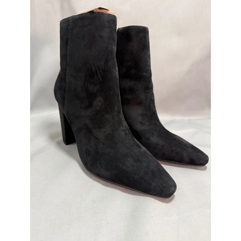Nine West Dery Ankle Boots Black Suede Pointed Toe Block Heel Minimalist 8.5M